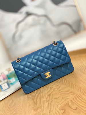 Chanel A01112 Flap Handbag Classic Grained shiny Calfskin Navy Blue Gold - Default Title - View 1