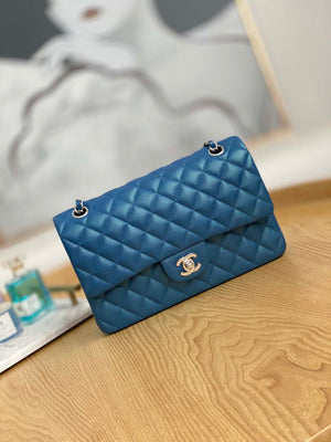 Chanel A01112 Flap Handbag Classic Grained shiny Calfskin Navy Blue Silver - Default Title - View 1
