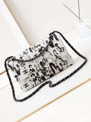 Chanel A01112 Flap White Fabric with Black Printed - Default Title - View 1