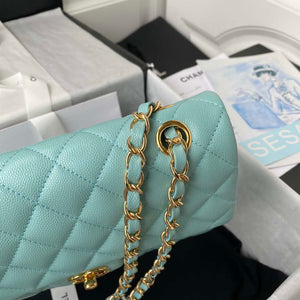 Chanel A01113 Flap Handbag Classic Bag Grained shiny Calfskin Lake Blue Gold - Default Title - View 4