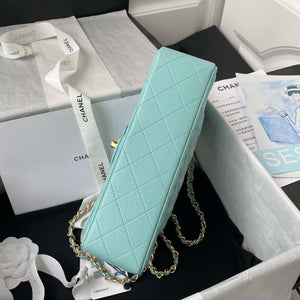 Chanel A01113 Flap Handbag Classic Bag Grained shiny Calfskin Lake Blue Gold - Default Title - View 6