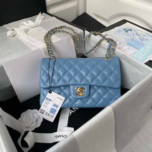 Chanel A01113 Flap Handbag Classic Bag Lambskin Sky Blue Gold - Default Title - View 1