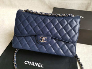 Chanel A58600 Large Classic Handbag Grained shiny Calfskin Navy Blue Sliver - Default Title - View 1