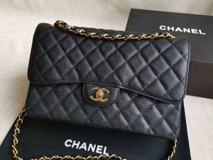 Chanel A58600 Large Flap Handbag Classic bag Grained shiny Calfskin gold Black - Default Title - View 1