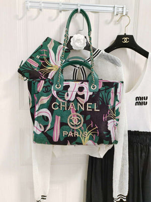 Chanel A66941 Medium Tote Printed Velvet Wooden Pearls & Gold-Tone Metal Green& Multicolour - Default Title - View 1