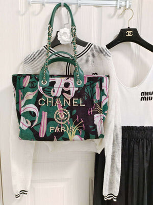 Chanel A66941 Medium Tote Printed Velvet Wooden Pearls & Gold-Tone Metal Green& Multicolour - Default Title - View 9