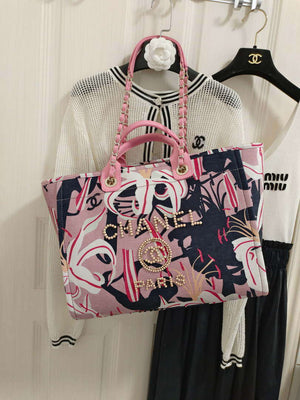 Chanel A66941 Medium Tote Printed Velvet Wooden Pearls & Gold-Tone Metal Pink & Multicolour - Default Title - View 1