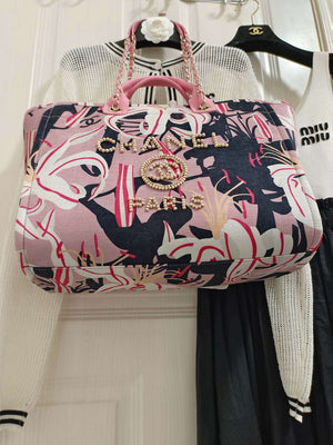 Chanel A66941 Large Tote Printed Velvet Wooden Pearls & Gold-Tone Metal Pink & Multicolour - Default Title - View 5
