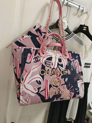 Chanel A66941 Medium Tote Printed Velvet Wooden Pearls & Gold-Tone Metal Pink & Multicolour - Default Title - View 6