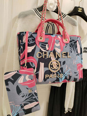 Chanel A66941 Medium Tote Printed Velvet Wooden Pearls & Gold-Tone Metal Red & Multicolour - Default Title - View 2