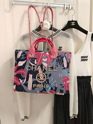 Chanel A66941 Large Tote Printed Velvet Wooden Pearls & Gold-Tone Metal Red & Multicolour - Default Title - View 3