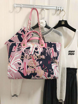 Chanel A66941 Large Tote Printed Velvet Wooden Pearls & Gold-Tone Metal Pink & Multicolour - Default Title - View 7