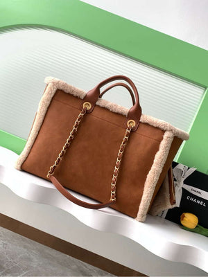 Chanel A66941 Large TOTE Shearling Suede & Gold-Tone Metal Brown - Default Title - View 3