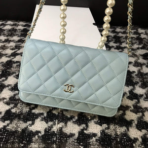 Chanel A68052 Wallet on Chain bag lambskin Imitation Pearls gold Light Blue - Default Title - View 9