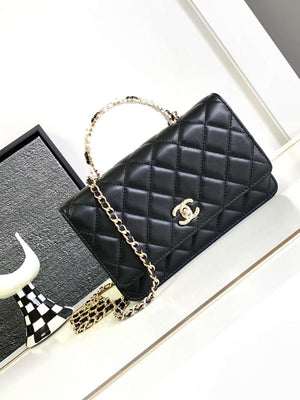 Chanel A96033 Woc Wallet on Chain With Small flower handle Black Shiny Crumpled Lambskin - Default Title - View 1
