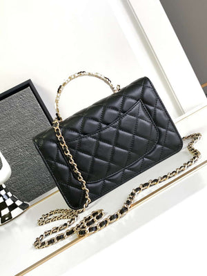 Chanel A96033 Woc Wallet on Chain With Small flower handle Black Shiny Crumpled Lambskin - Default Title - View 3