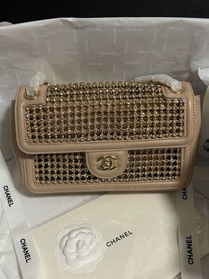 Chanel A8003 25p Evening Bag Lambskin Rhinestones Pearls A01112 Apricot Gold - Default Title - View 2