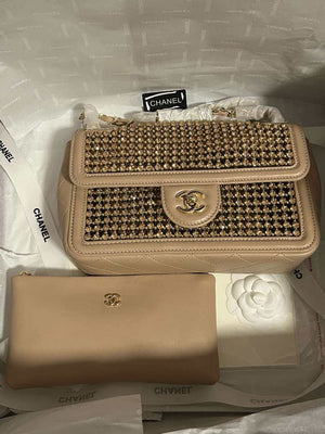 Chanel A8003 25p Evening Bag Lambskin Rhinestones Pearls A01112 Apricot Gold - Default Title - View 7