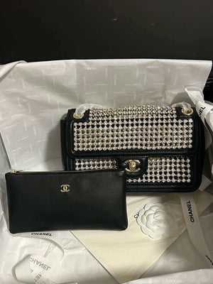 Chanel A8003 25p Evening Bag Lambskin Rhinestones Pearls A01112 White and Black - Default Title - View 7