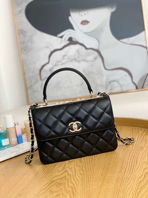 Chanel A92236 Flap Bag With Top Handle Relief Lambskin bag Black Gold - Default Title - View 1