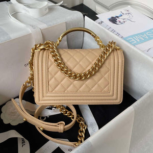 Chanel A94805 Boy Flap Bag With Handle Grained Shiny Calfskin Gold Tone Metal Beige - Default Title - View 2