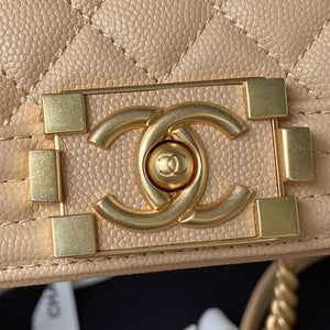 Chanel A94805 Boy Flap Bag With Handle Grained Shiny Calfskin Gold Tone Metal Beige - Default Title - View 3