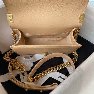 Chanel A94805 Boy Flap Bag With Handle Grained Shiny Calfskin Gold Tone Metal Beige - Default Title - View 7