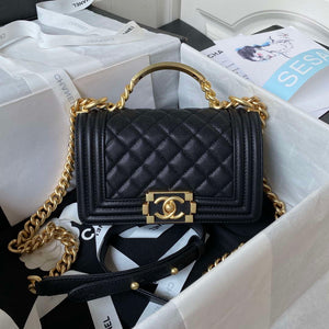 Chanel A94805 Boy Flap Bag With Handle Grained Shiny Calfskin Gold Tone Metal Black - Default Title - View 1