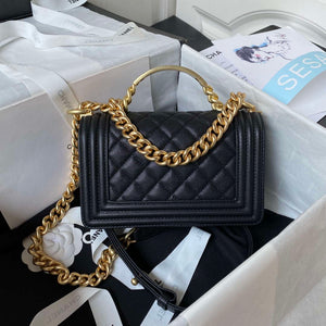 Chanel A94805 Boy Flap Bag With Handle Grained Shiny Calfskin Gold Tone Metal Black - Default Title - View 2