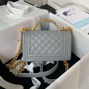Chanel A94805 Boy Flap Bag With Handle Grained Shiny Calfskin Gold Tone Metal Gray - Default Title - View 2