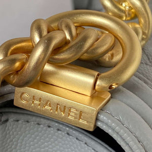 Chanel A94805 Boy Flap Bag With Handle Grained Shiny Calfskin Gold Tone Metal Gray - Default Title - View 5