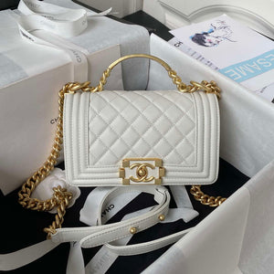 Chanel A94805 Boy Flap Bag With Handle Grained Shiny Calfskin Gold Tone Metal White - Default Title - View 1