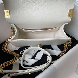 Chanel A94805 Boy Flap Bag With Handle Grained Shiny Calfskin Gold Tone Metal White - Default Title - View 7