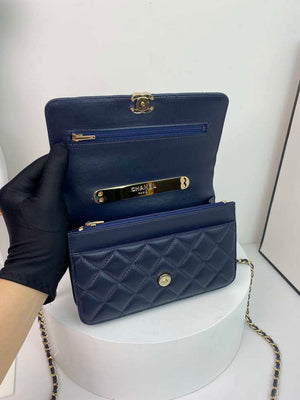 Chanel AP2844 Wallet on chain Lambskin bag with top handle Light gold Navy Blue - Default Title - View 5