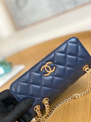 Chanel AP3047 FLAP Phone Holder With Chain Blue Lambskin & Gold-Tone Metal - Default Title - View 3