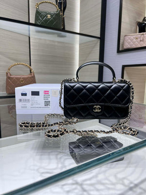 Chanel AP3226 Phone Holder with Chain Lambskin & Gold-Tone Metal Black - Default Title - View 1