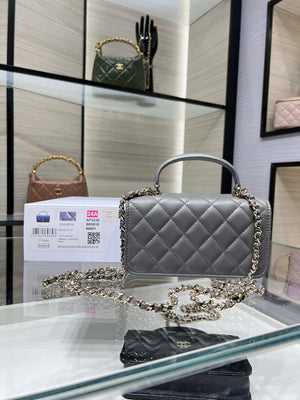 Chanel AP3226 Phone Holder with Chain Lambskin & Gold-Tone Metal Gray - Default Title - View 2