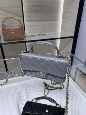 Chanel AP3226 Phone Holder with Chain Lambskin & Gold-Tone Metal Gray - Default Title - View 3