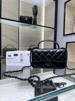 Chanel AP3226 Phone Holder with Chain Lambskin & Black-Tone Metal Black - Default Title - View 1