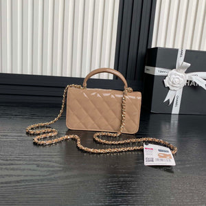 Chanel AP3226 Phone Holder with Chain Patent Calfskin & Gold-Tone Metal Apricot - Default Title - View 2