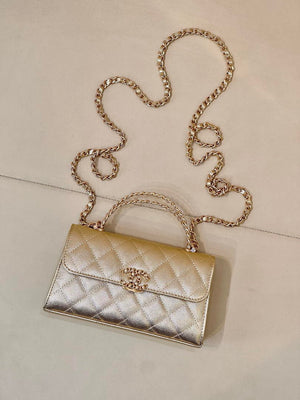 Chanel AP3238 Phone Holder with Chain Grained Shiny Calfskin Gold - Default Title - View 2