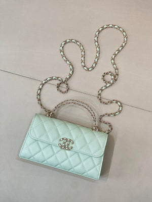 Chanel AP3238 Phone Holder with Chain Grained Shiny Calfskin Light Green - Default Title - View 2