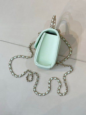 Chanel AP3238 Phone Holder with Chain Grained Shiny Calfskin Light Green - Default Title - View 7