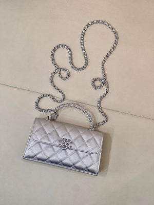 Chanel AP3238 Phone Holder with Chain Grained Shiny Calfskin Silver - Default Title - View 9