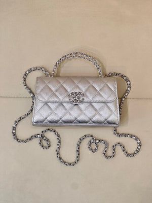 Chanel AP3238 Phone Holder with Chain Grained Shiny Calfskin Silver - Default Title - View 10