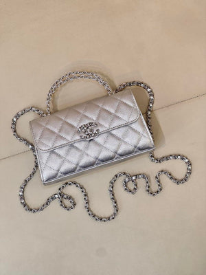 Chanel AP3238 Phone Holder with Chain Grained Shiny Calfskin Silver - Default Title - View 11