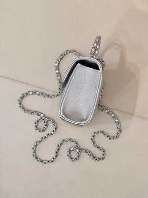 Chanel AP3238 Phone Holder with Chain Grained Shiny Calfskin Silver - Default Title - View 13