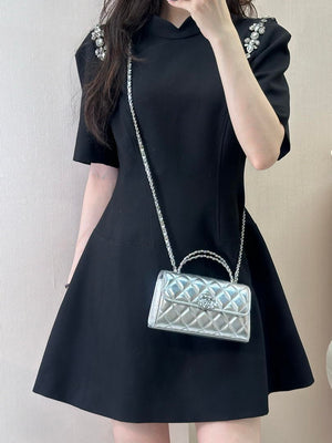Chanel AP3238 Phone Holder with Chain Grained Shiny Calfskin Silver - Default Title - View 1