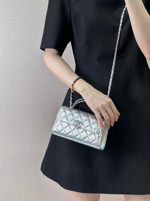 Chanel AP3238 Phone Holder with Chain Grained Shiny Calfskin Silver - Default Title - View 5