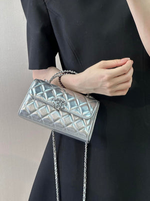Chanel AP3238 Phone Holder with Chain Grained Shiny Calfskin Silver - Default Title - View 3
